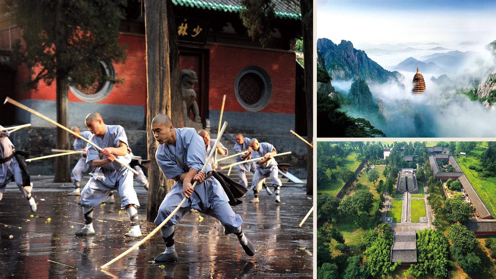 Shaolin kung fu practice, Mount Song scenery, and Dengfeng Observatory heritage sites in Henan