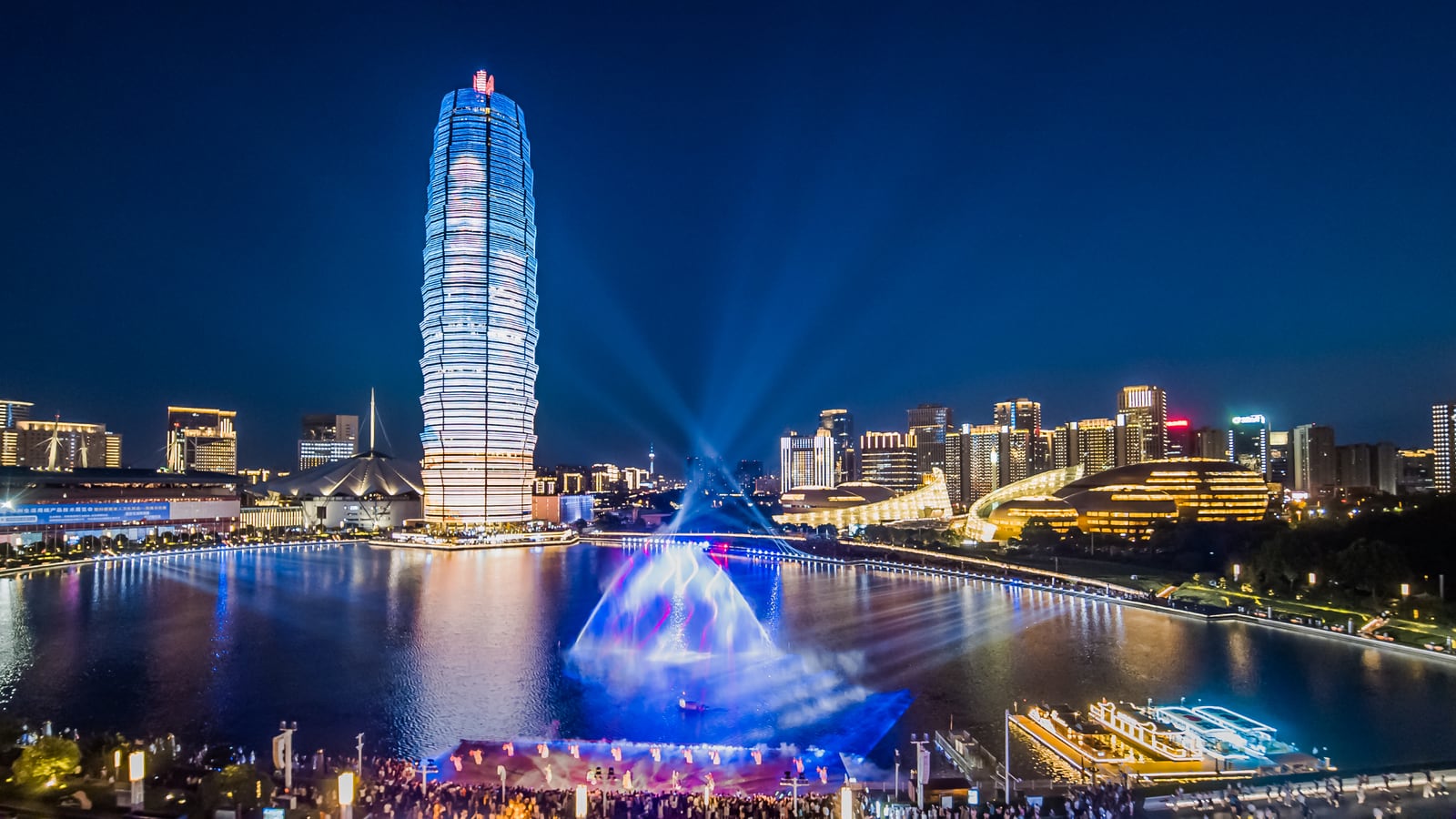 Zhengzhou CBD and Ruyi Lake night skyline in Henan, China